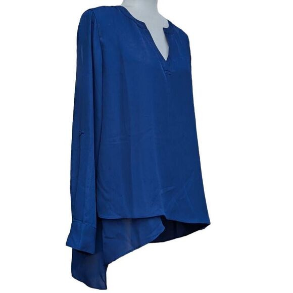 Anne French Navy Blue Front Overlap Blouse Top Tunic Round Split Neck Size M - Picture 2 of 8
